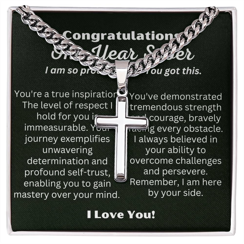One Year Sober Gift for Man with Message Card, Cross Cuban Chain Cross Necklace for Men