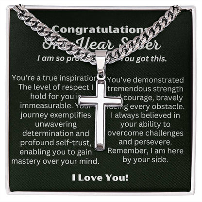 One Year Sober Gift for Man with Message Card, Cross Cuban Chain Cross Necklace for Men