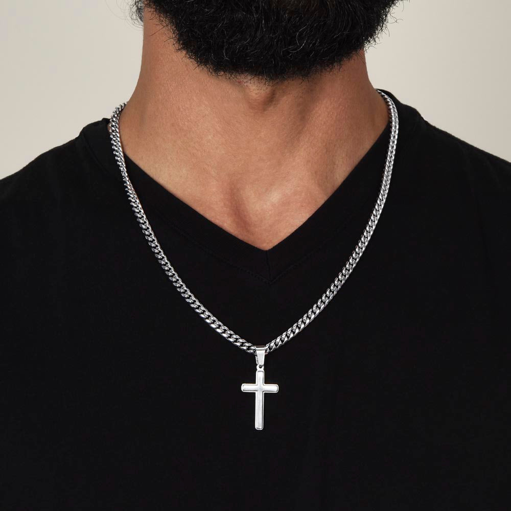 One Year Sober Gift for Man with Message Card, Cross Cuban Chain Cross Necklace for Men
