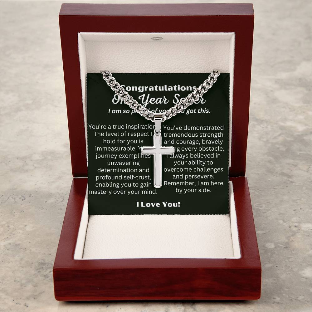 One Year Sober Gift for Man with Message Card, Cross Cuban Chain Cross Necklace for Men