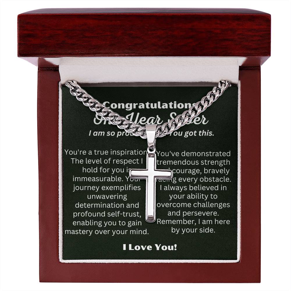 One Year Sober Gift for Man with Message Card, Cross Cuban Chain Cross Necklace for Men