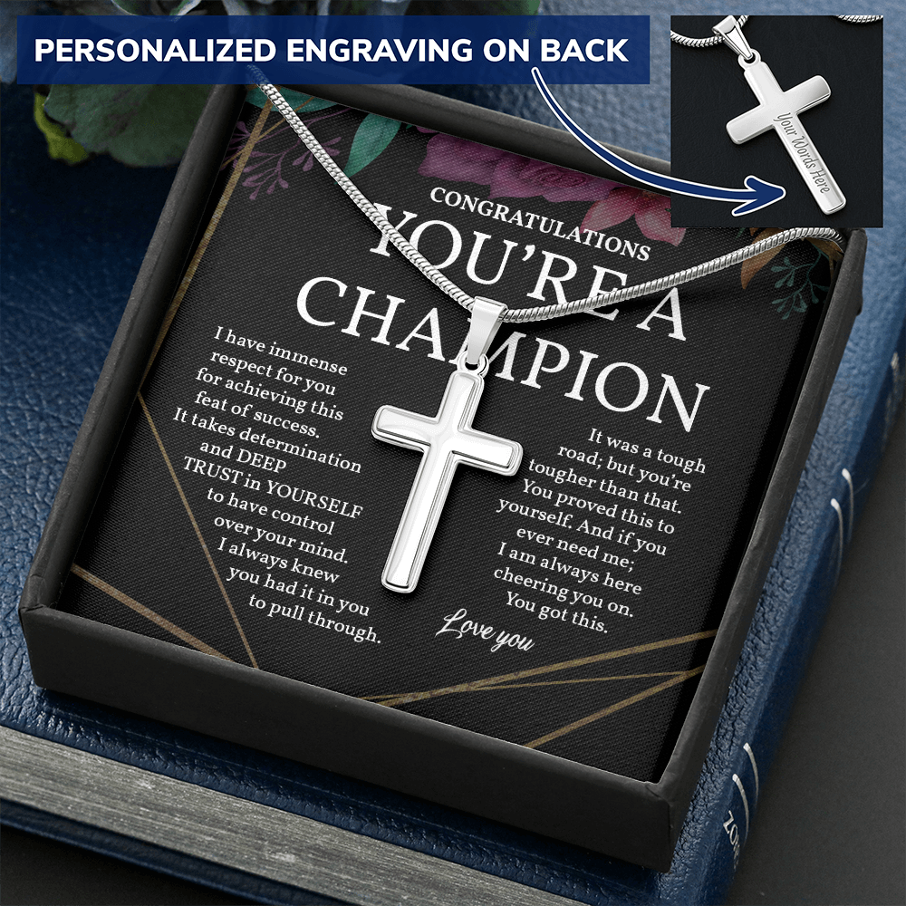 Sobriety Gift, Personalized Cross Necklace, Gift for Clean and Sober, Recovering Addict, You're a Champion