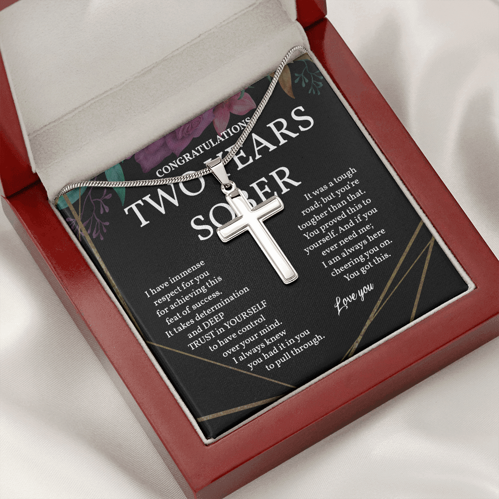 Two Years Sobriety Gift, Personalized Cross Necklace, Gift for Clean and Sober, Recovering Addict
