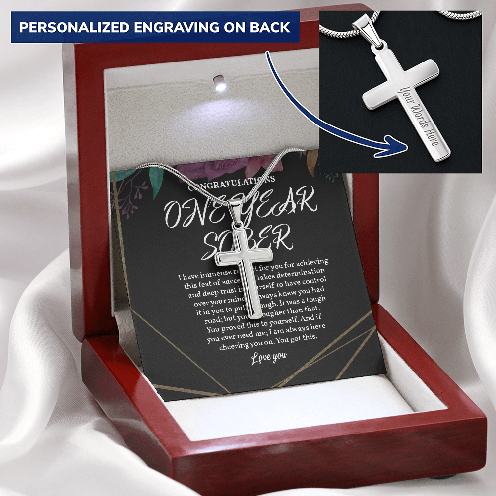 One Year Sobriety Gift, Personalized Cross, Recovering Addict Gift
