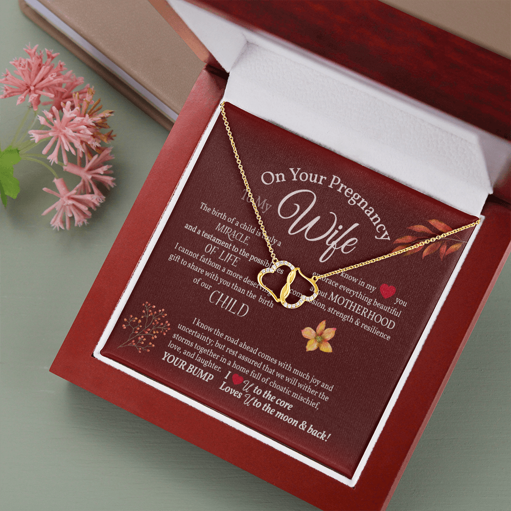 Wife Pregnancy Necklace - Stunning 10K Solid Gold Diamond Hearts Necklace on Your Pregnancy to My Wife Gift